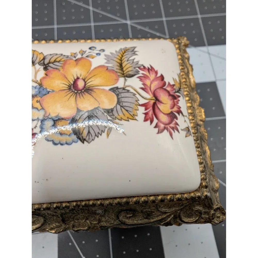Sankyo Gold Tone Floral Porcelain Musical Jewelry Box Made in Japan vtg